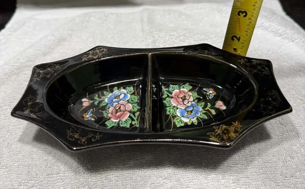 Vintage Handpainted Divided Trinket Dish Black Floral